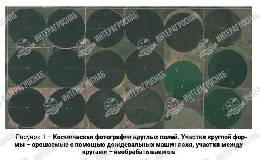 Спутниковый снимок круговых дождевальных машин. AquaField - дождевальные машины российского производства - аналоги лучших мировых производителей.